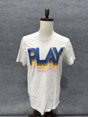 Andy Cinko Play Graphic T-Shirt White Large Retro Striped Logo Casual Tee